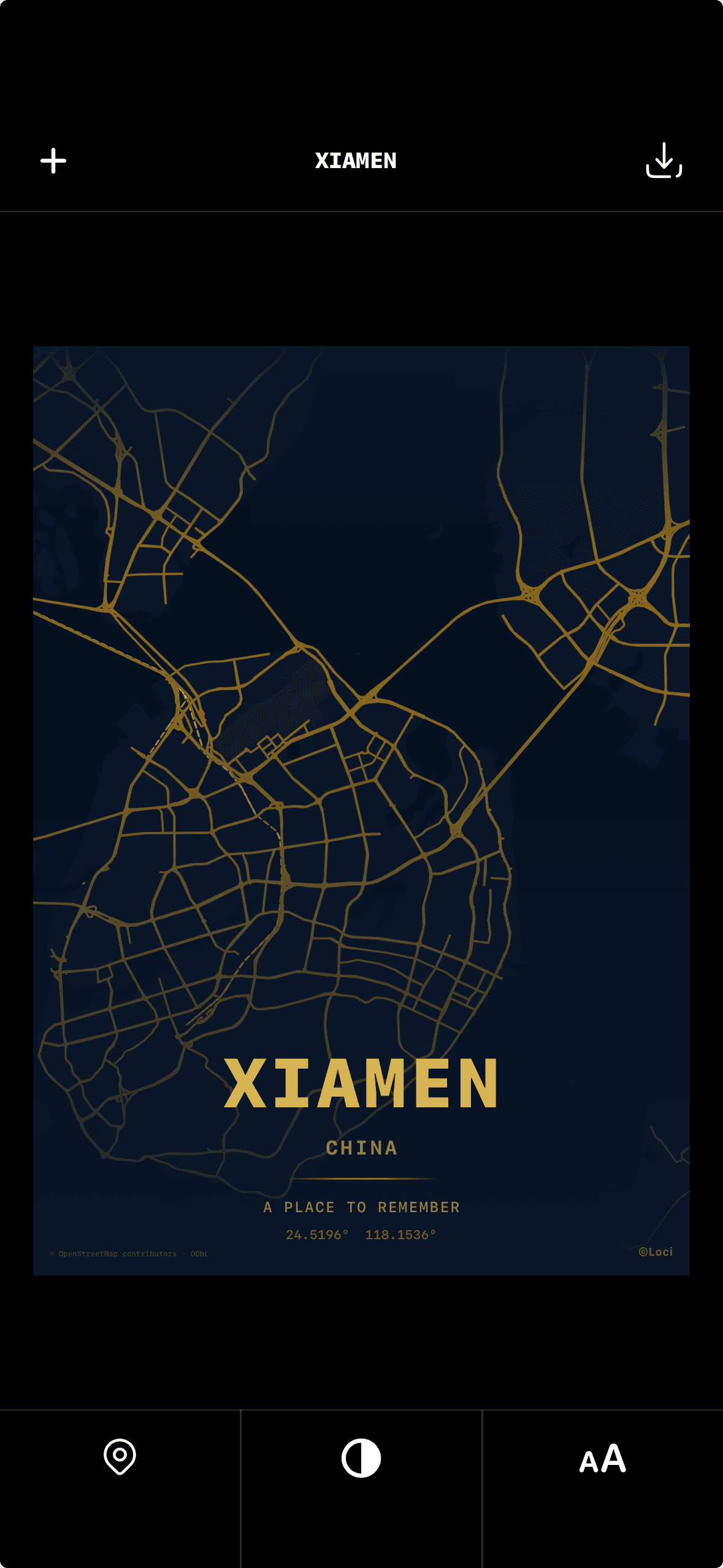 Loci app showing a finished Xiamen map poster