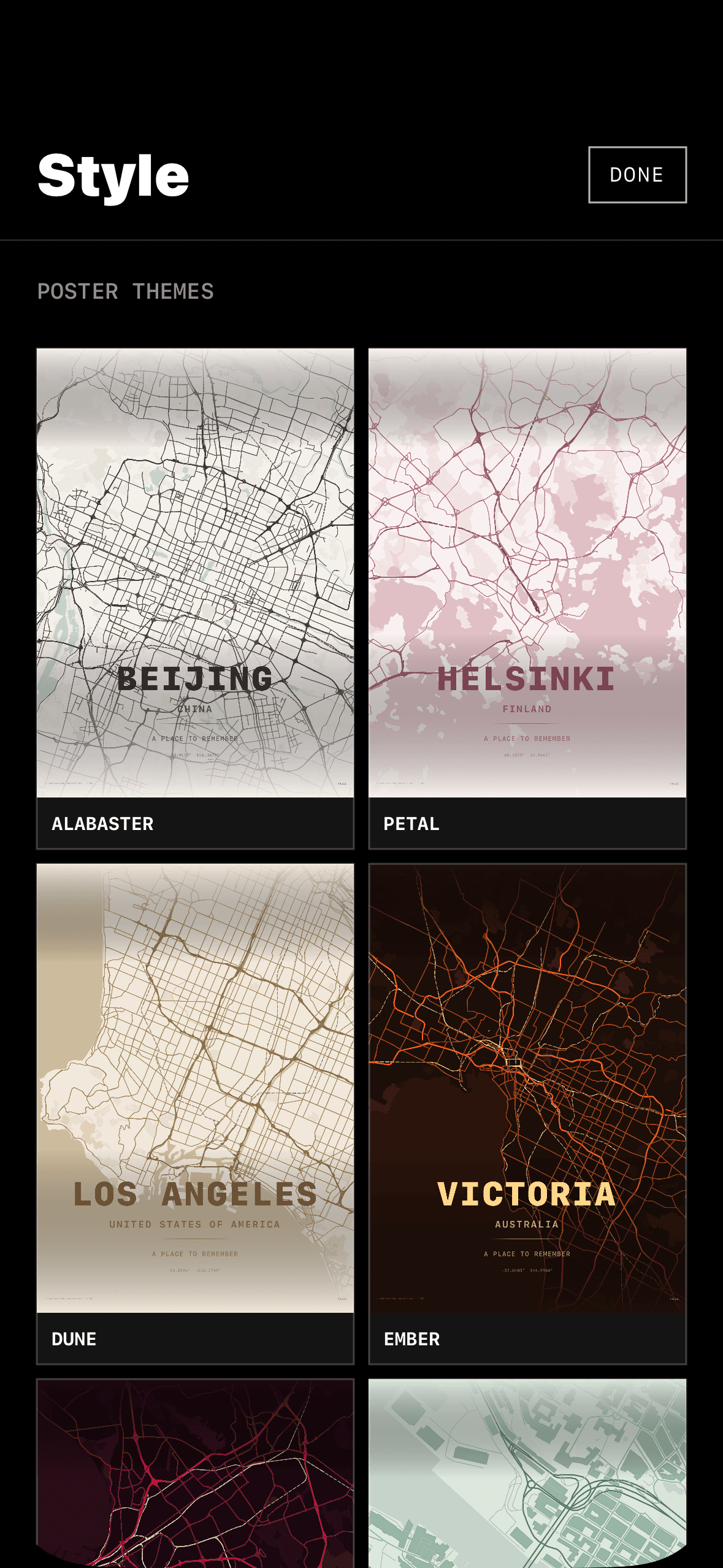 Loci app interface displaying poster theme selections