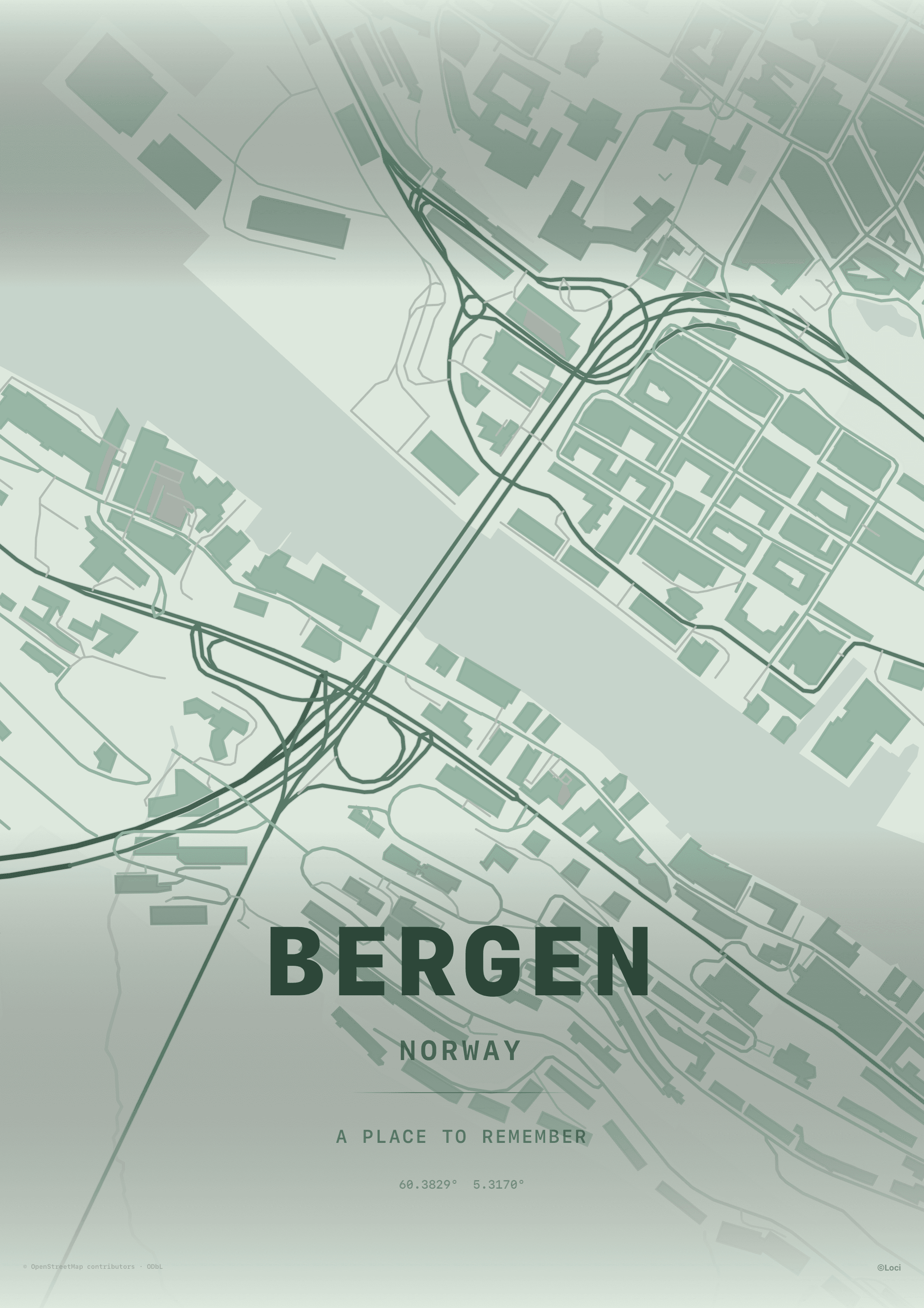 Bergen map artwork in muted green