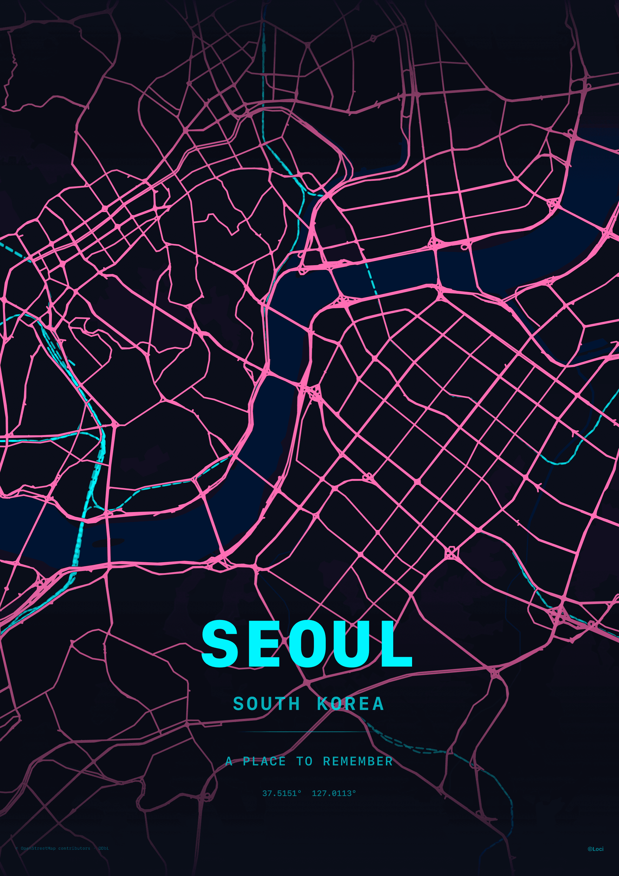 Seoul map artwork in vibrant pink and cyan
